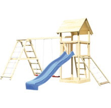 Spielturm aus Holz mit Schaukel, Rutsche und Kletterwand für den Garten