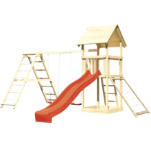 Spielturm mit Rutsche und Schaukel aus Holz