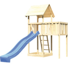 Spielturm Spielhaus Karibu Lotti 107 x 107 cm Holz bestehend aus Rutsche blau und Anbau