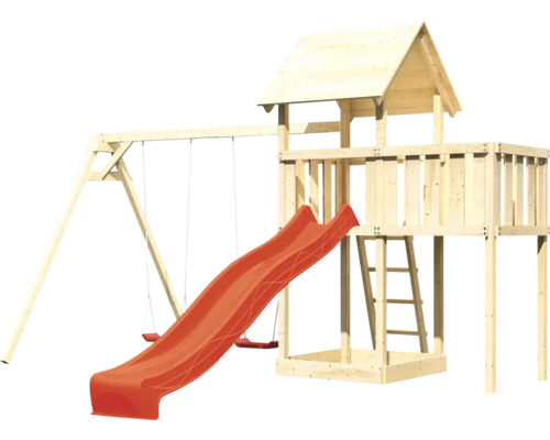 Spielturm mit Rutsche und Schaukel aus Holz