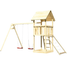 Spielplatz mit Schaukel und Turm aus Holz