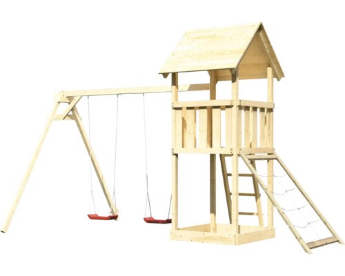 Spielplatz mit Schaukel und Turm aus Holz
