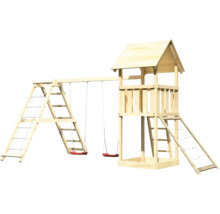 Holzspielplatz mit Schaukel, Kletterwand und Turm