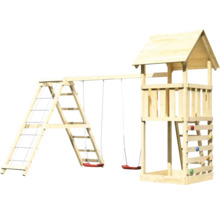 Spielturm aus Holz mit Schaukel, Kletterwand und Strickleiter