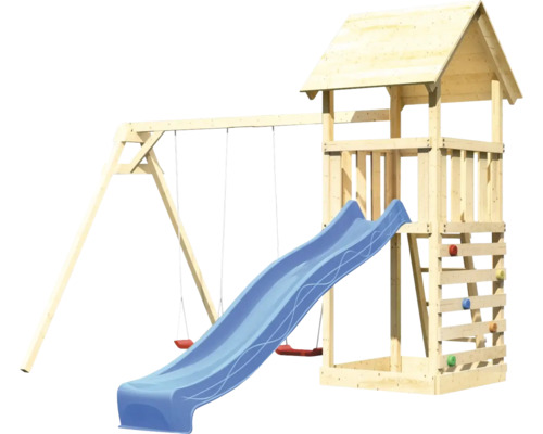 Spielturm mit Rutsche und Schaukel aus Holz