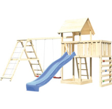Spielplatz mit Schaukel, Rutsche und Kletterwand aus Holz
