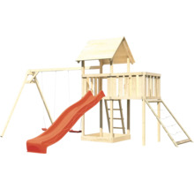 Spielturm aus Holz mit Rutsche und Schaukel