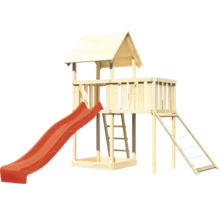 Spielturm aus Holz mit Rutsche, Leiter und Kletternetz