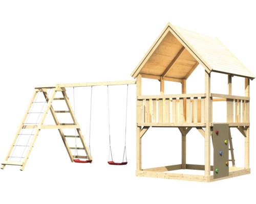 Spielturm mit Schaukel, Kletterwand und Strickleiter aus Holz