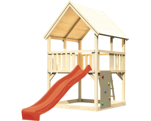Spielturm aus Holz mit Rutsche und Kletterwand für den Garten