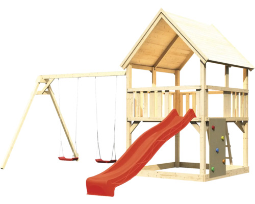 Spielturm aus Holz mit Schaukel und Rutsche