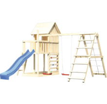 Spielturm aus Holz mit Rutsche, Schaukeln und Kletterleiter