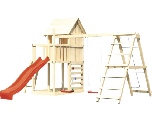 Spielturm aus Holz mit Rutsche, Schaukel und Kletterwand für den Garten