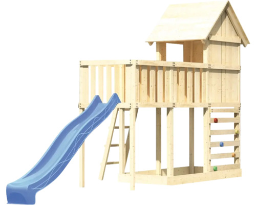 Spielturm mit Rutsche, Kletterwand und Leiter aus Holz