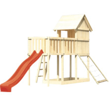 Spielturm aus Holz mit Rutsche, Leiter und Kletternetz