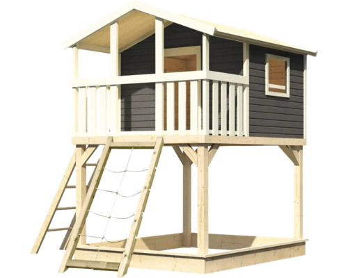 Spielhaus mit Sandkasten, Leiter und Kletternetz