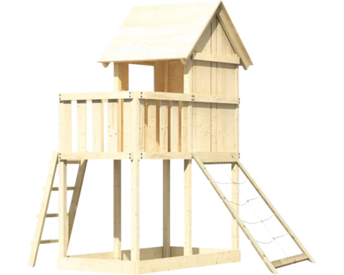 Spielturm aus Holz mit Leiter und Kletternetz
