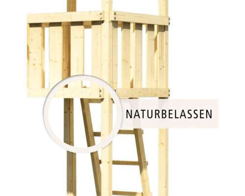 Nahaufnahme naturbelassener Holzspielturm-Details