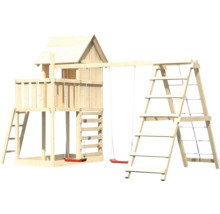 Spielturm aus Holz mit Schaukel, Kletterwand und Leiter