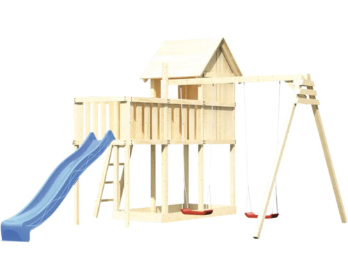 Spielturm aus Holz mit Rutsche und Schaukel