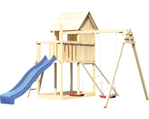 Spielturm aus Holz mit Rutsche und Schaukel