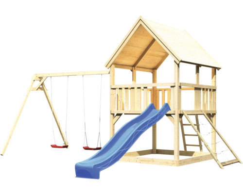 Spielturm aus Holz mit Schaukel, Rutsche und Kletterwand