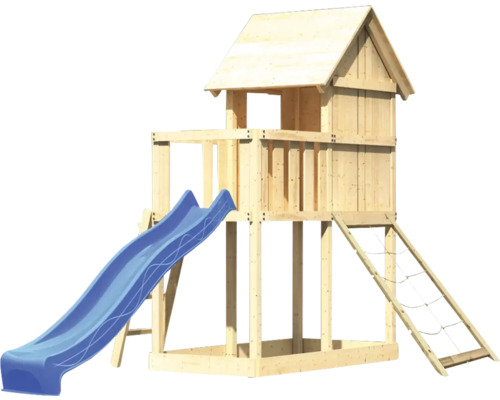 Spielturm aus Holz mit Rutsche und Kletternetz