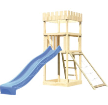 Spielturm aus Holz mit Rutsche, Leiter und Kletternetz für den Garten