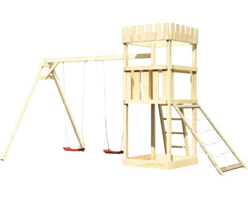 Spielturm mit Schaukel und Kletternetz für den Garten