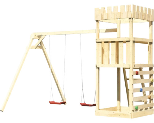 Spielturm mit Schaukel und Kletterwand aus Holz
