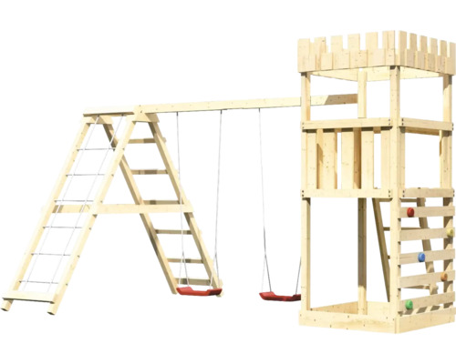 Spielturm aus Holz mit Schaukel, Kletterwand und Strickleiter