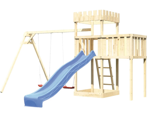Spielturm aus Holz mit Rutsche und Schaukel