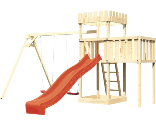 Spielturm aus Holz mit Rutsche und Schaukel