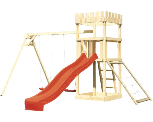 Spielturm aus Holz mit Rutsche und Schaukel