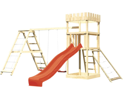 Holzspielplatz mit Rutsche und Schaukel