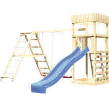 Spielturm mit Rutsche, Schaukel und Kletterwand aus Holz