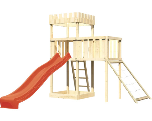 Spielturm aus Holz mit Rutsche, Leiter und Kletternetz