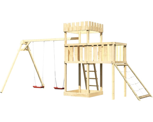 Spielturm aus Holz mit Schaukel, Kletterwand und Leiter