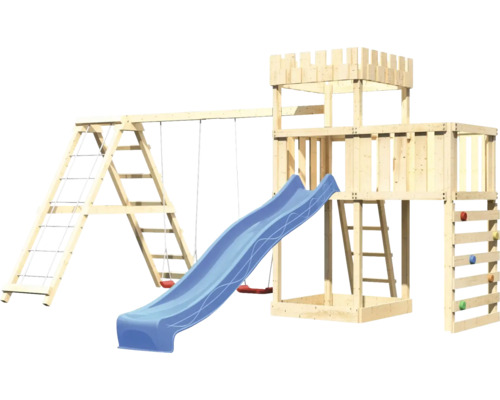 Spielturm mit Schaukel, Rutsche, Kletterwand und Strickleiter aus Holz