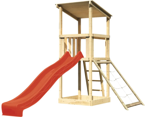 Spielturm aus Holz mit Rutsche und Kletterwand