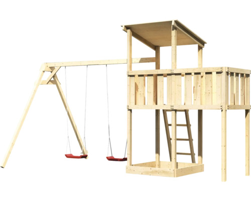 Spielturm aus Holz mit Schaukel