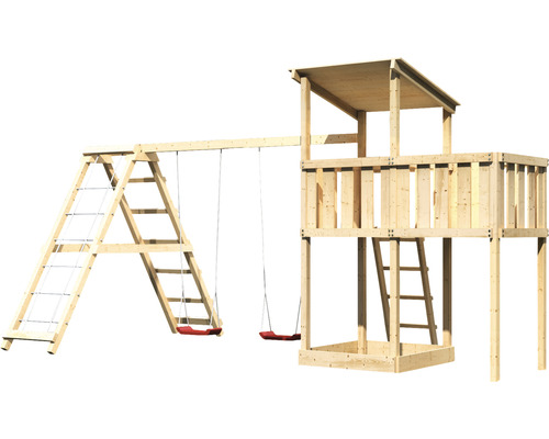 Holzspielturm mit Schaukel, Kletterwand und Sandkasten für den Garten