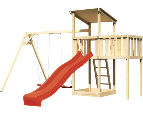 Spielturm aus Holz mit Schaukel und Rutsche für den Garten