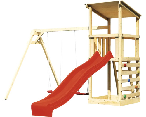 Spielturm mit Schaukel und Rutsche aus Holz