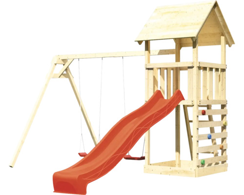 Spielturm mit Schaukel und Rutsche aus Holz