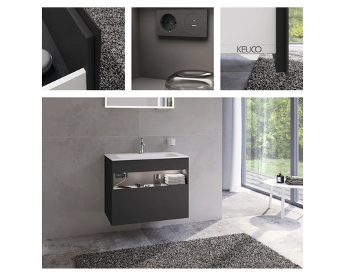 Modernes Badezimmer mit Waschbeckenunterschrank, Spiegel und Steckdose mit USB Anschluss