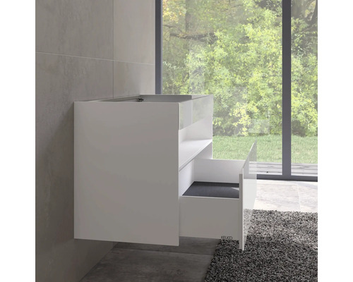 Weißer Waschtischunterschrank mit Schublade im Badezimmer.