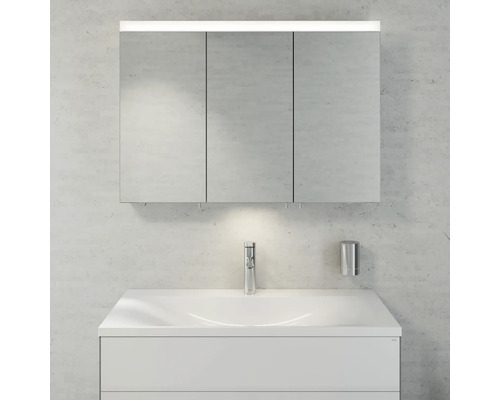 Badezimmer mit Spiegelschrank, Waschbeckenunterschrank und Armatur