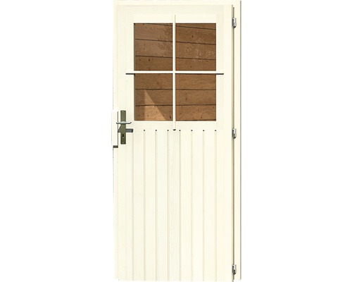 Holztür mit Fensterausschnitt und Beschlägen