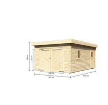 Holzgartenhaus mit Doppeltür, Fenster und Tür sowie Maßangaben